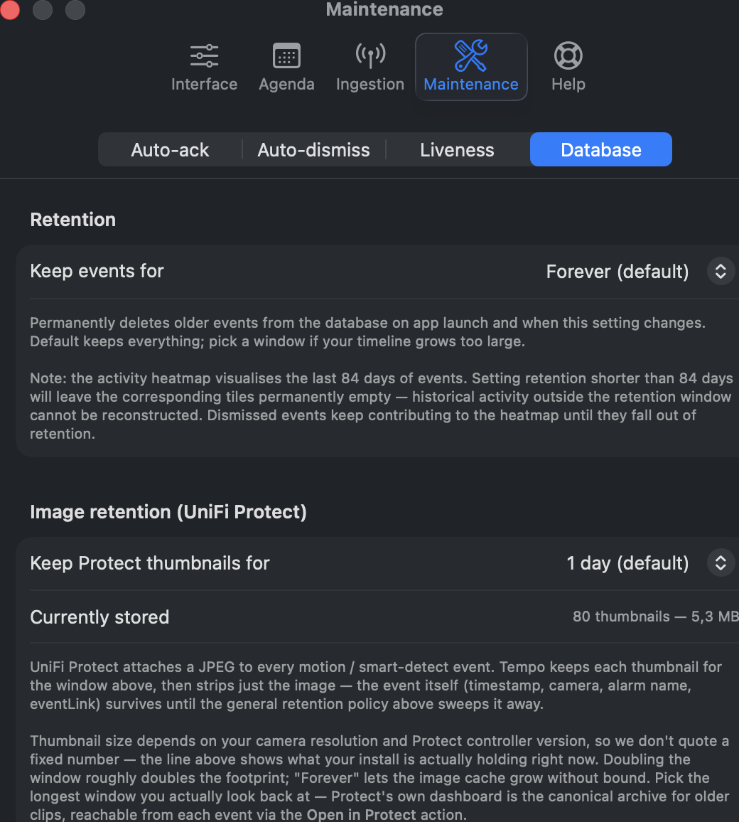Image retention setting in Maintenance → Database