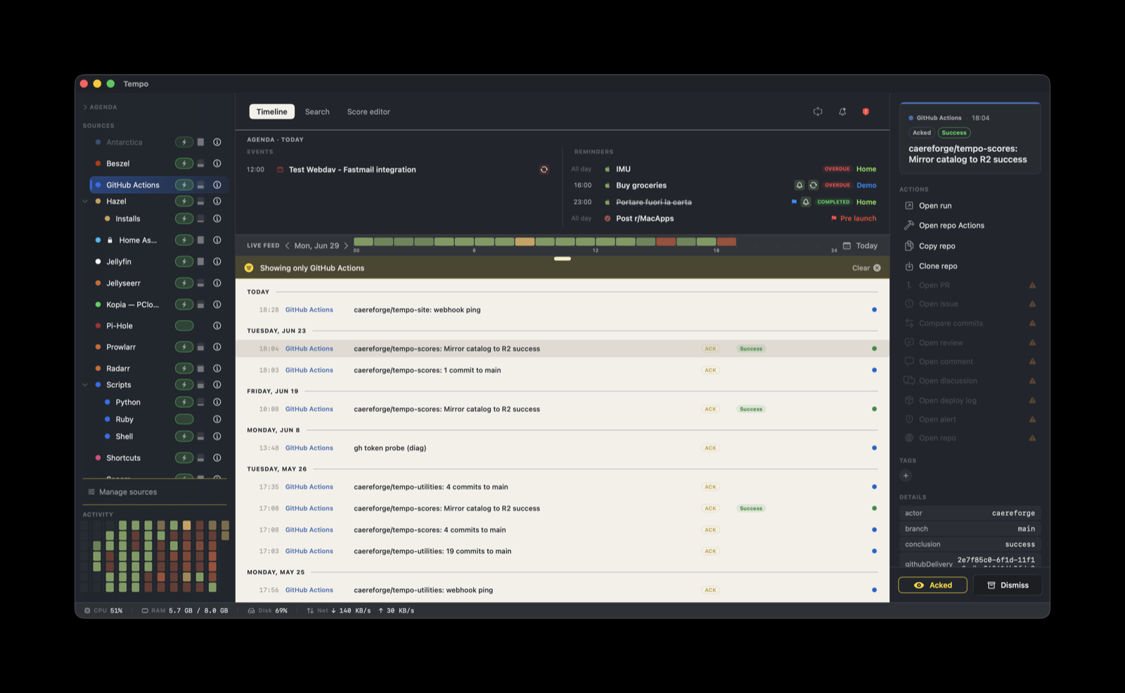 GitHub Actions runs on the Tempo timeline