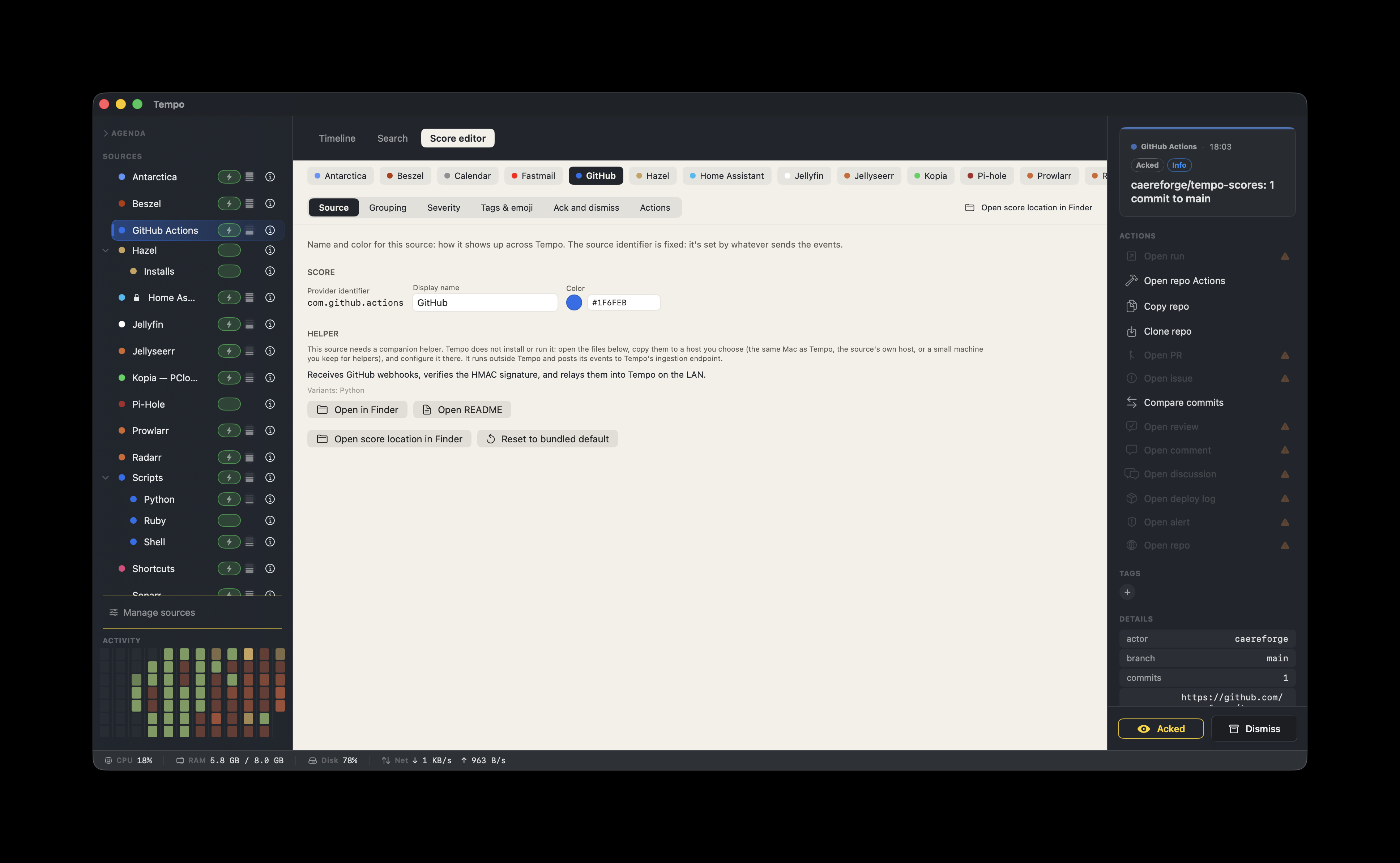 GitHub selected in the Score Editor: the Source tab shows the Helper section with Open in Finder and Open README