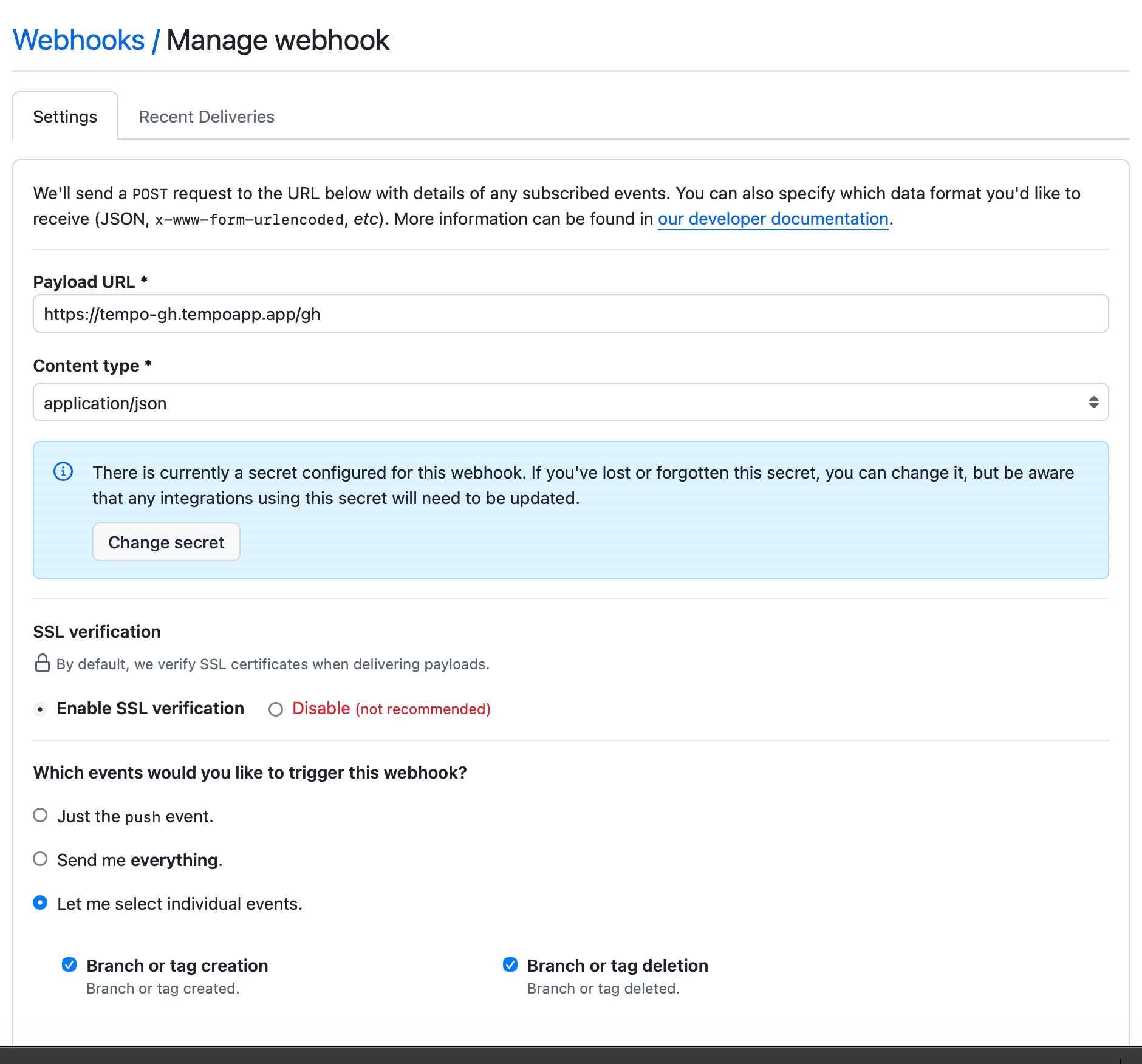The GitHub webhook form: payload URL ending in /gh, content type application/json, a secret set, SSL verification on, and individual events selected