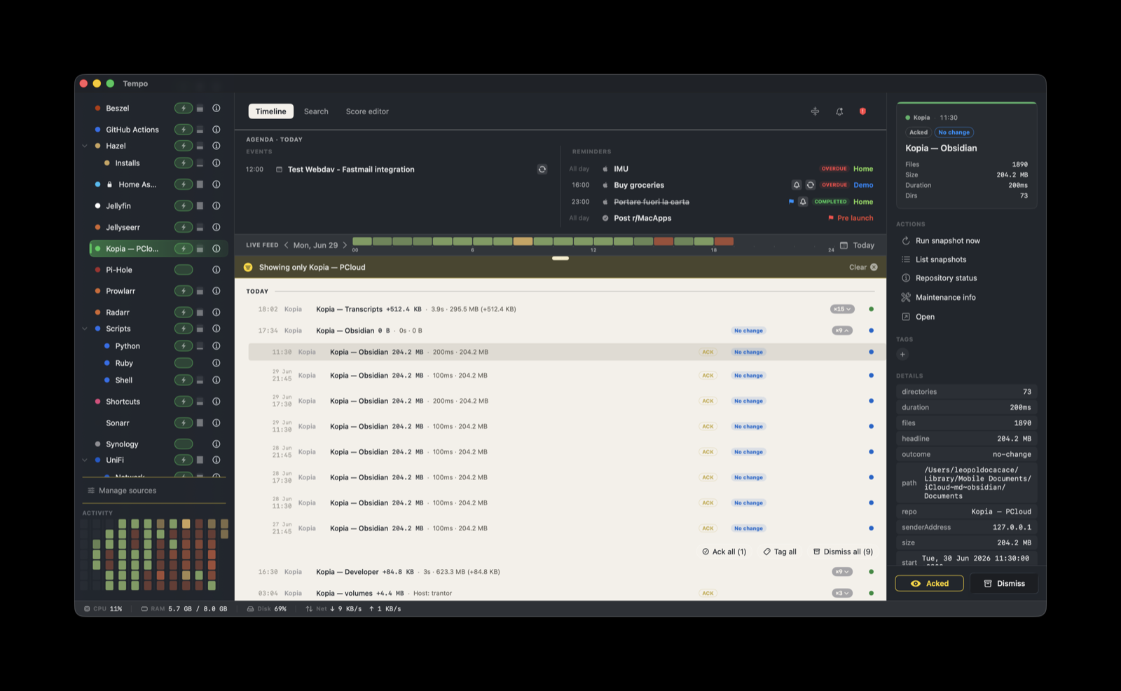 Kopia backups on the Tempo timeline