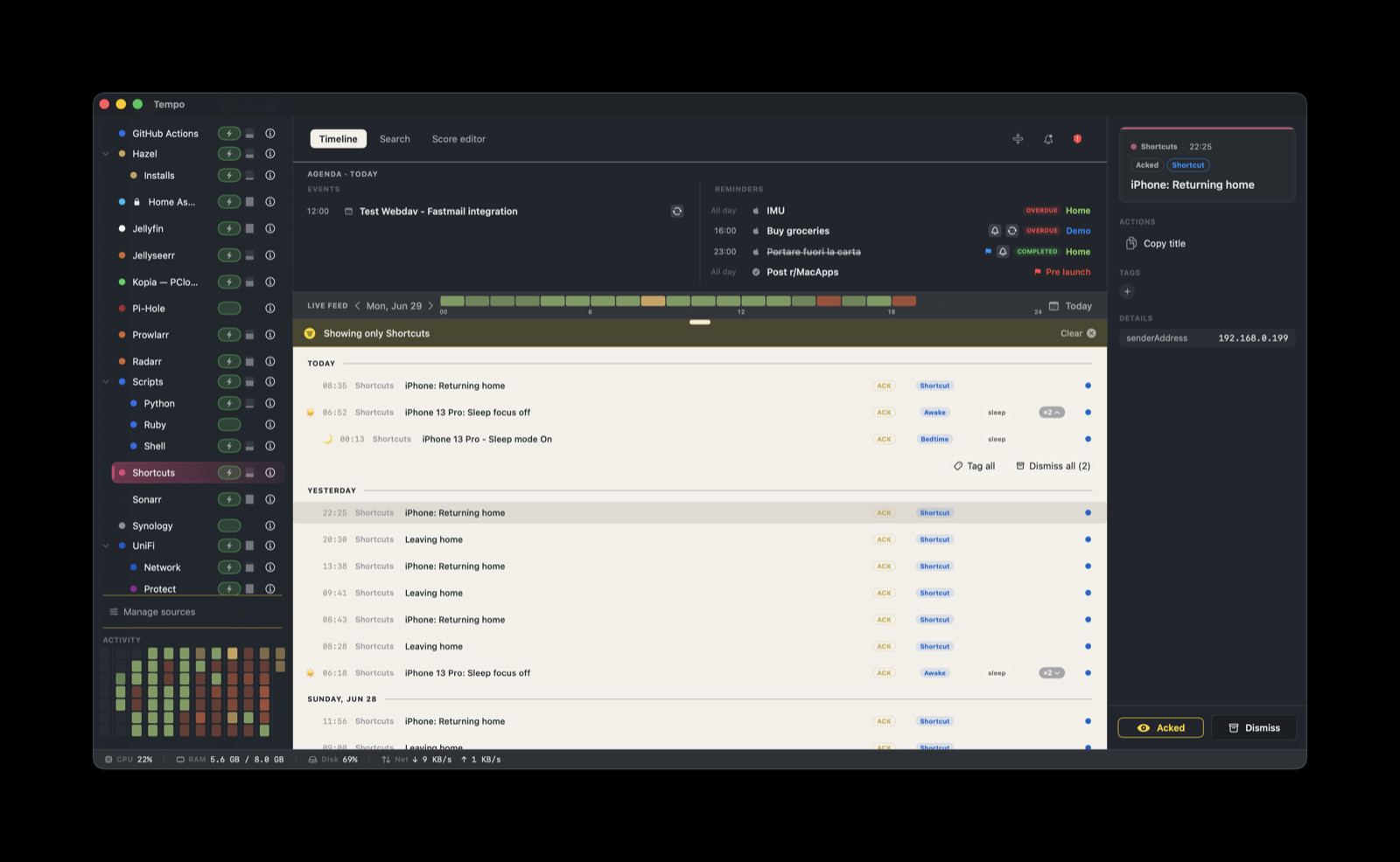 Apple Shortcuts events on the Tempo timeline