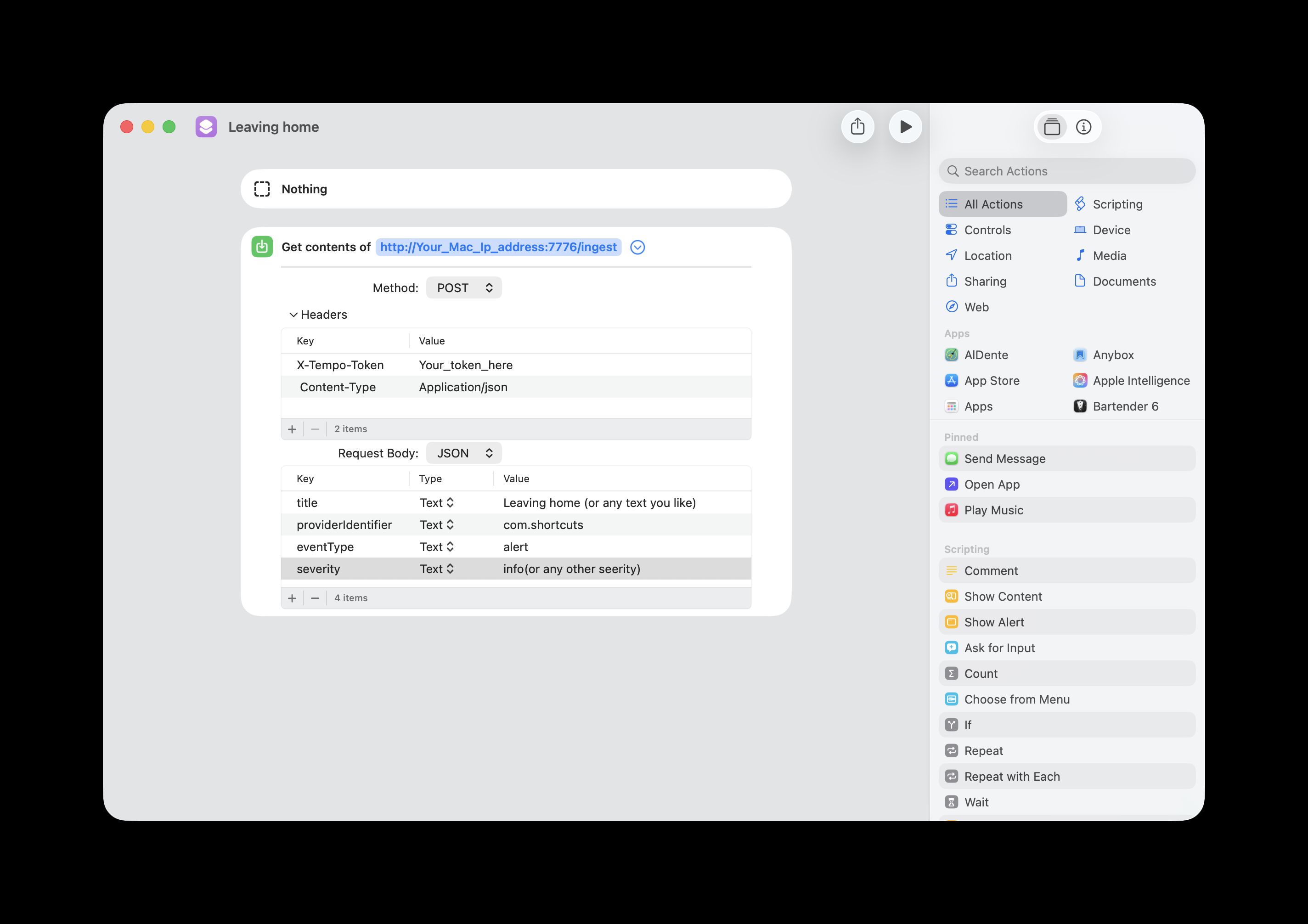 A minimal "Leaving home" webhook Shortcut with a four-field JSON body