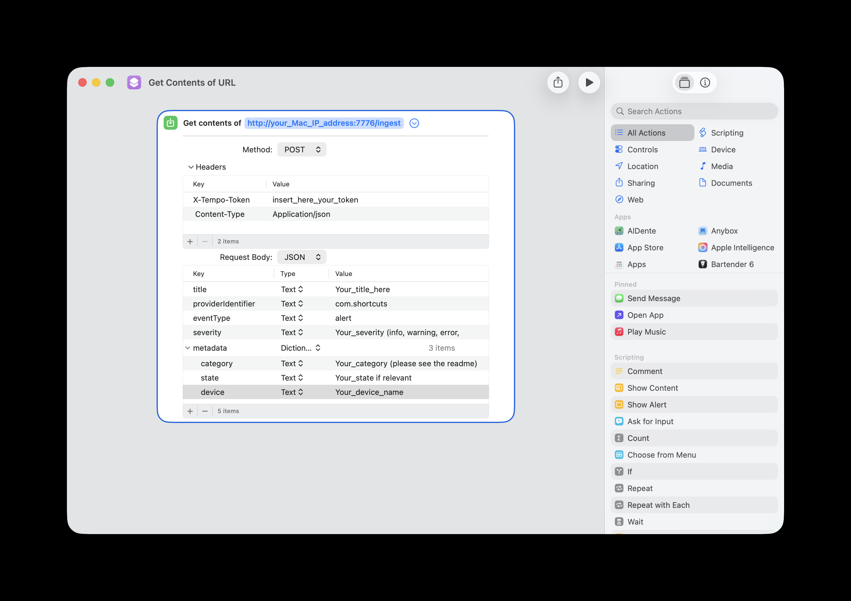 A webhook Shortcut: Get Contents of URL set to POST to Tempo's ingest endpoint, with the token header and a JSON body