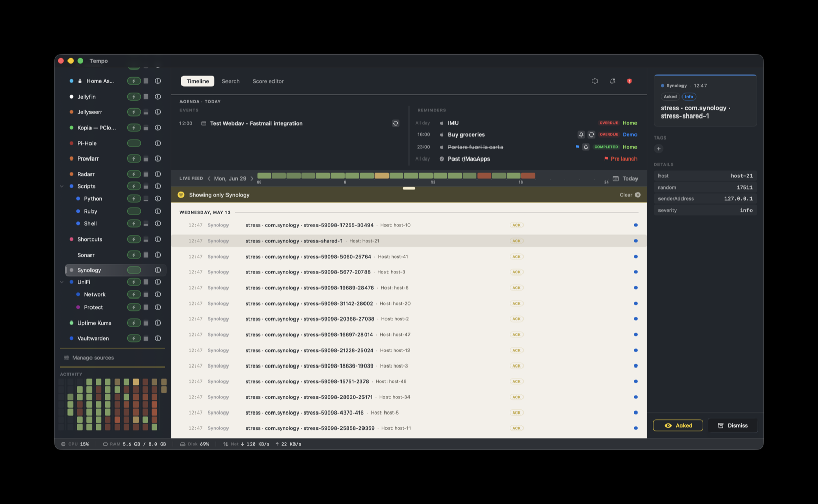 Synology DSM events on the Tempo timeline